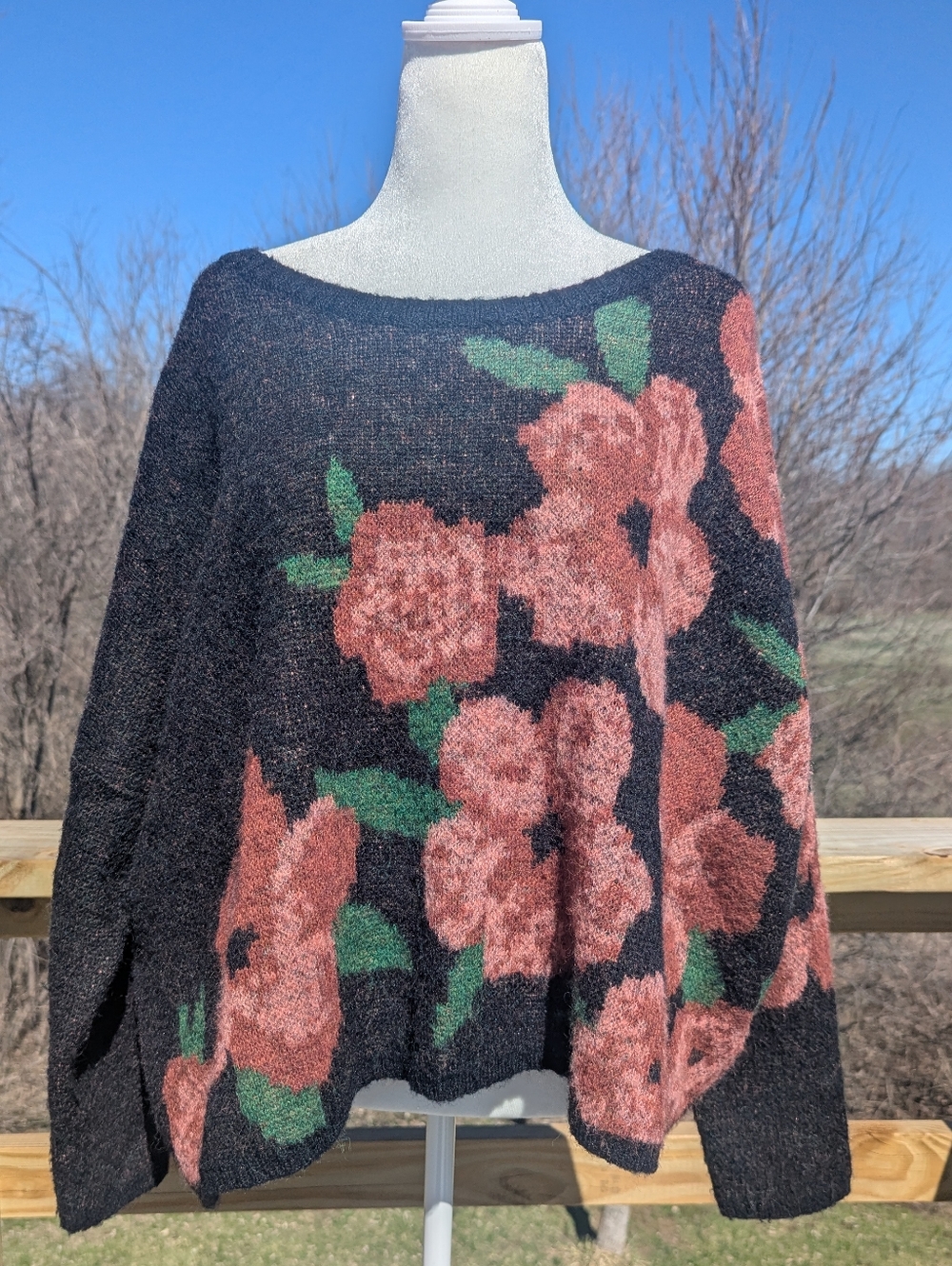 Shop Stevie Oversized Medium Fuzzy Sweater Black And Floral